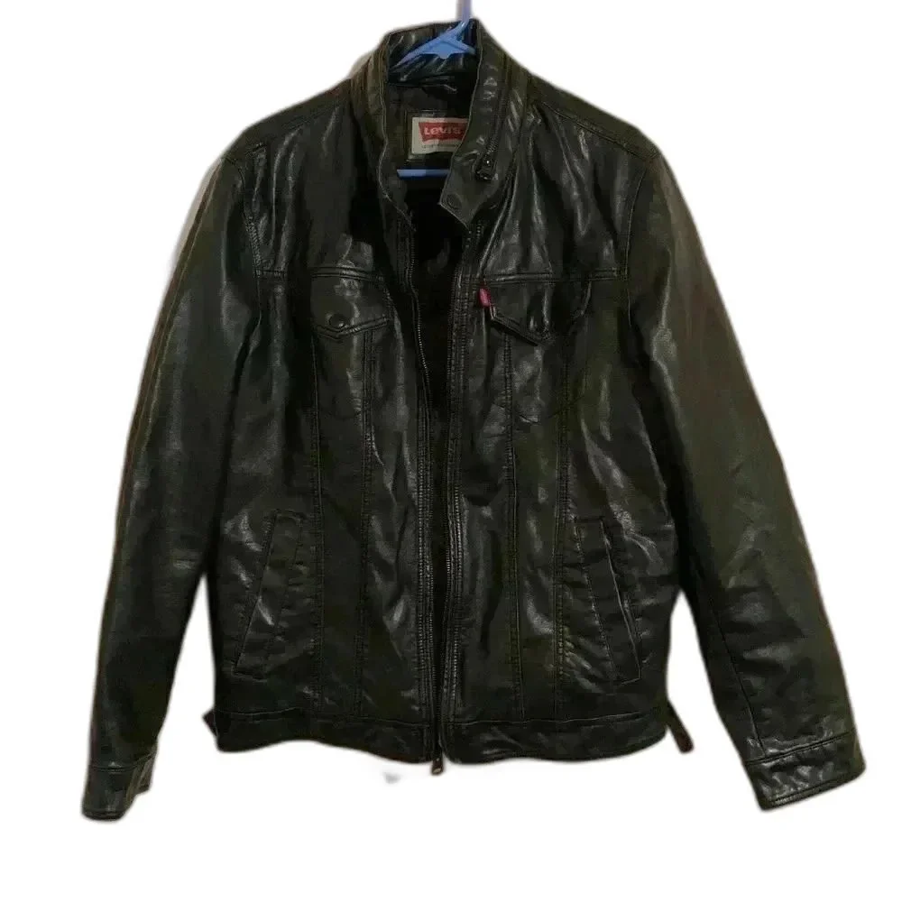 Levi’s Levi Strauss & Co Men’s Faux Leather Jacket Foldable Hood Black